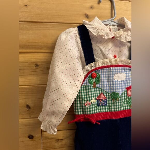 Vintage Girl 2T Farm Cottagecore Embroidered Corduroy Overall Ruffle Top Set - Picture 2 of 12